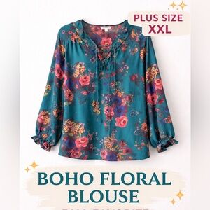 Teal Floral Lace Up Boho Blouse XXL Plus Size Spring Top Long Sleeve NWOT